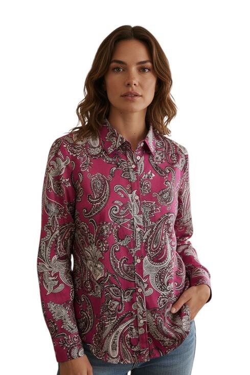 Talbots Tops - TALBOTS Women's 14 Blouse Paisley Pink Black Button Up Cotton Sateen Classic 40"